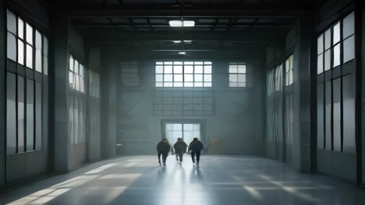 A bright industrial hall with engineers walking between rows of computing hardware