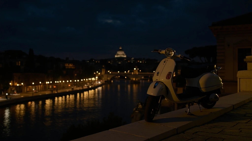 A moonlit Roman rooftop overlooking the Tiber and St. Peter's dome, evoking the opening frame of a classic film.